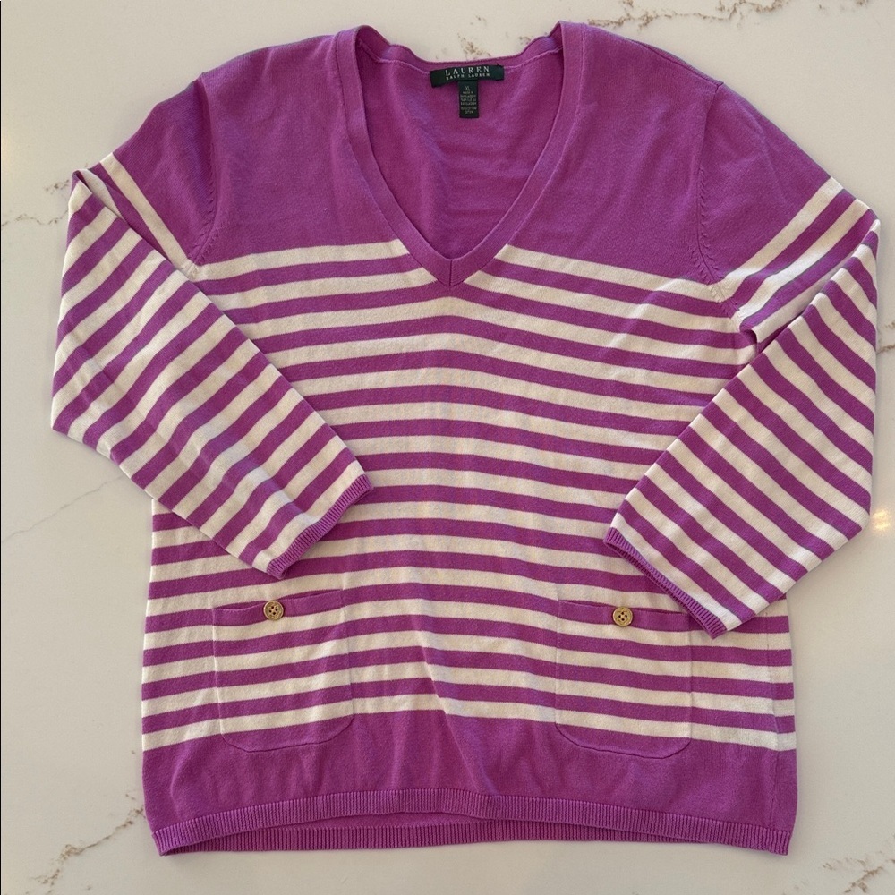 Lauren Ralph Lauren Purple and White Striped Cotton V-Neck Sweater XL